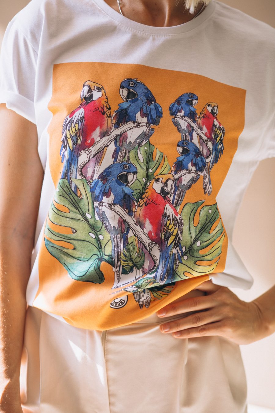 Creator wearing bold custom print